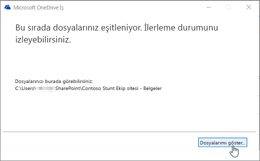 OneDrive Iş eşitleme iletişim kutusu dosyalarımı göster düğmesi vurgulanmış.