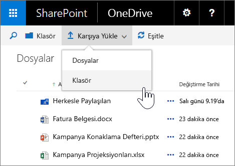 Özellik Paketi 1 ile SharePoint Server 2016’da OneDrive İş’e klasör yükleme ekran görüntüsü