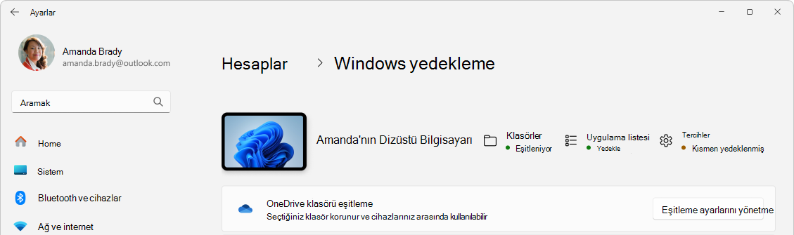 Windows yedekleme durumunu gösteren Ayarlar'ın ekran görüntüsü.