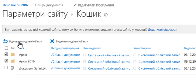 Кошик SharePoint 2-го рівня з виділеною кнопкою "Відновити"