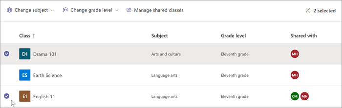 Screenshot of Your class sharing view in insights with drama 101 and english 11 selected from the list. У верхній частині сторінки містяться параметри змінення теми, змінення рівня оцінки та керування класами