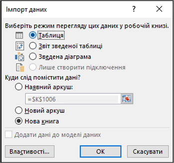 Діалогове вікно "Імпорт даних" у програмі Excel 2016