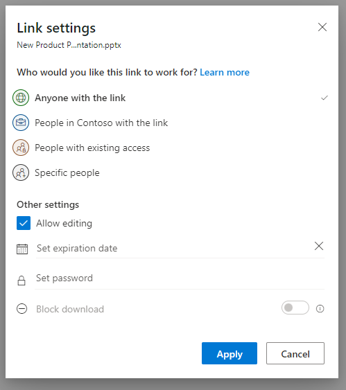 Знімок екрана: спливаюче вікно "Спільний доступ" у Службі OneDrive.