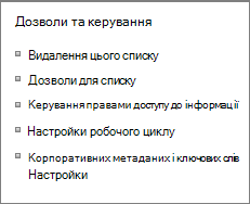 Посилання «Дозволи для списку» та Настройки керування