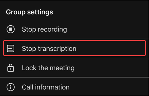 Знімок екрана: параметр меню "Зупинити транскрипцію" в мобільній програмі Teams.