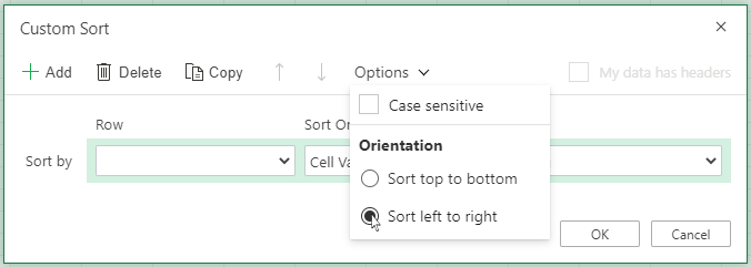 Custom sort open 'Options' Menu and select sort left to right