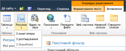 Натисніть кнопку зображення на стрічці, а потім виберіть з комп'ютера, адреси або SharePoint.