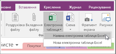Знімок екрана: кнопка вставлення електронної таблиці в програмі OneNote 2016