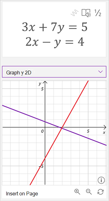 Знімок екрана: створений математичний графік із формулами 3 x плюс 7 y дорівнює 5, а 2 x мінус y дорівнює 4. На графіку показано дві перетинні лінії: одну фіолетову та одну червону.