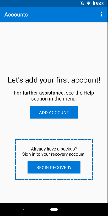 Microsoft Authenticator app, showing where to select Begin recovery