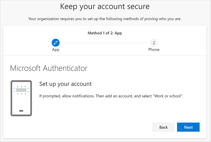 Keep your account secure wizard, showing the authenticator Set your account page