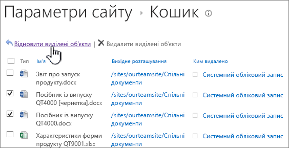 Кошик SharePoint 2013 2-го рівня з виділеною кнопкою "Відновити"