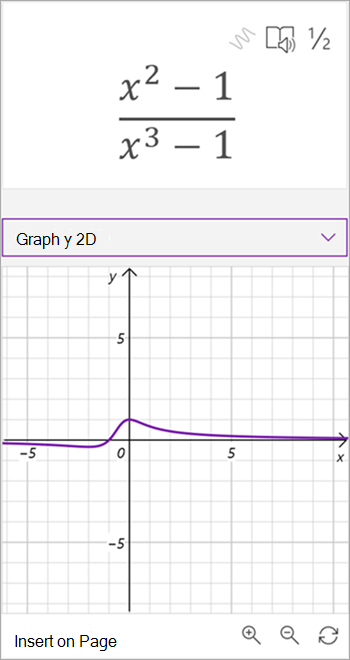 Screenshot of math assistant generated graph for the equation x squared - 1 over x to the third minus 1