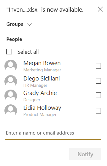 Menu to select which groups and/or members to notify of new upload in SharePoint