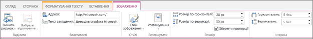Знімок екрана: частина стрічки SharePoint Online із вибраною вкладкою "Зображення" та параметрами в групах "Виділити", "Властивості", "Стилі", "Розташувати", "Розмір" та "Інтервал"