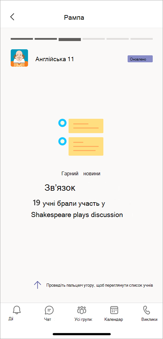 Важливі статистичні дані про спілкування в мобільному поданні Insights показують викладачеві, що в обговоренні творчості Шекспіра взяли участь 19 учнів.