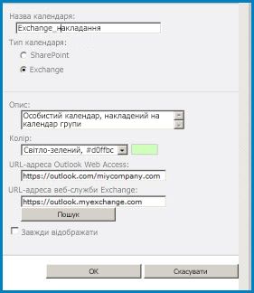 Знімок екрана: діалогове вікно "накладання календарів" в SharePoint. У діалоговому вікні відображено ім'я календаря, тип календаря (Exchange), а також URL-адреси для веб-програми Outlook Web Access і Exchange Web Access.