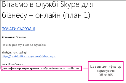 Приклад привітальне повідомлення електронної пошти, отримане після реєстрації в службі Skype для бізнесу Online. Він містить ідентифікатор користувача Office 365.