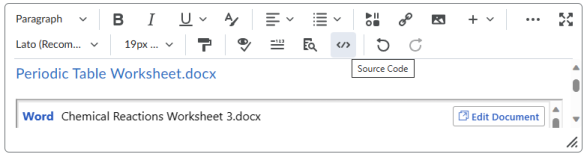Вбудовування файлу OneDrive у редактор Brightspace за допомогою кнопки "Вставити вміст".