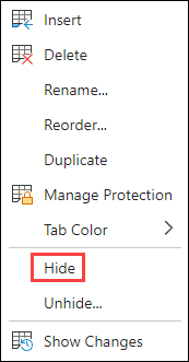 Hide tab in вебпрограма Excel