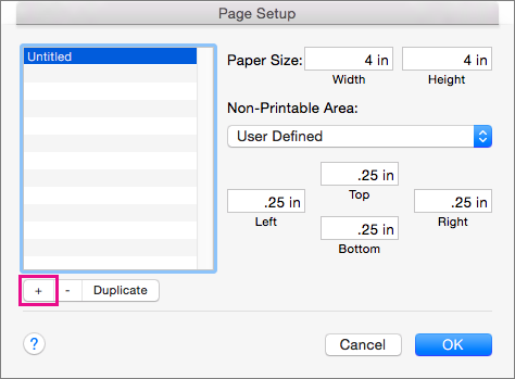 У діалоговому вікні Page Setup (Параметри сторінки) виберіть Manage Custom Sizes (Налаштування спеціальних розмірів), щоб створити спеціальний розмір паперу.