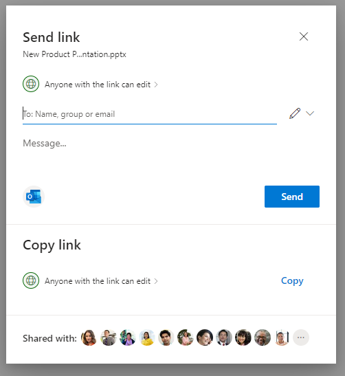 Знімок екрана: сторінка "Параметри посилання" в спливаючому вікні "Спільний доступ" у службі OneDrive