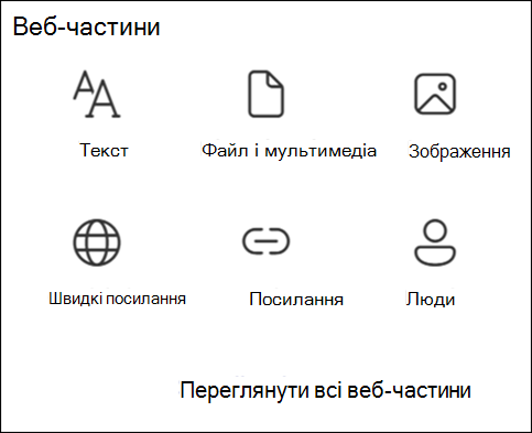 Список веб-частин на панелі інструментів