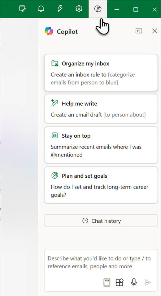 The Copilot chat pane in Outlook.