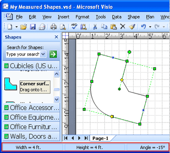 Status bar displaying width, height, and angle of a selected shape.