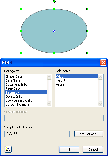 The Field dialog box showing the fields that can be entered into a shape's text box.
