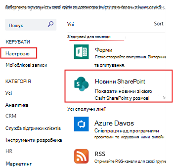 Відображення новин SharePoint, налаштованих для каналу teams