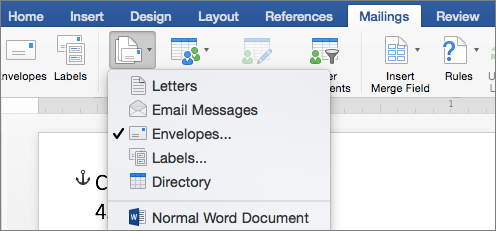 On the Mailings tab, select Envelopes from the Start Mail Merge list
