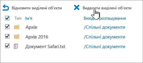 Кошик SharePoint 2016 2-го рівня з виділеними та виділеними елементами