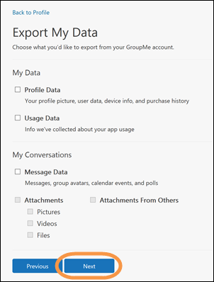Вікно "Експортувати мої дані" у GroupMe з виділеною кнопкою "Далі"
