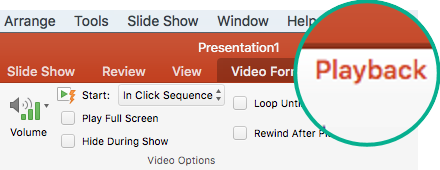 Виберіть відеозапис на слайді, і на панелі інструментів стрічки з’явиться вкладка "Playback" (Відтворення), де можна налаштувати відтворення відео.