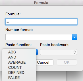 In the Formula box, select the function from the Paste function list
