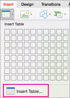 Параметр меню "Вставлення таблиці"
