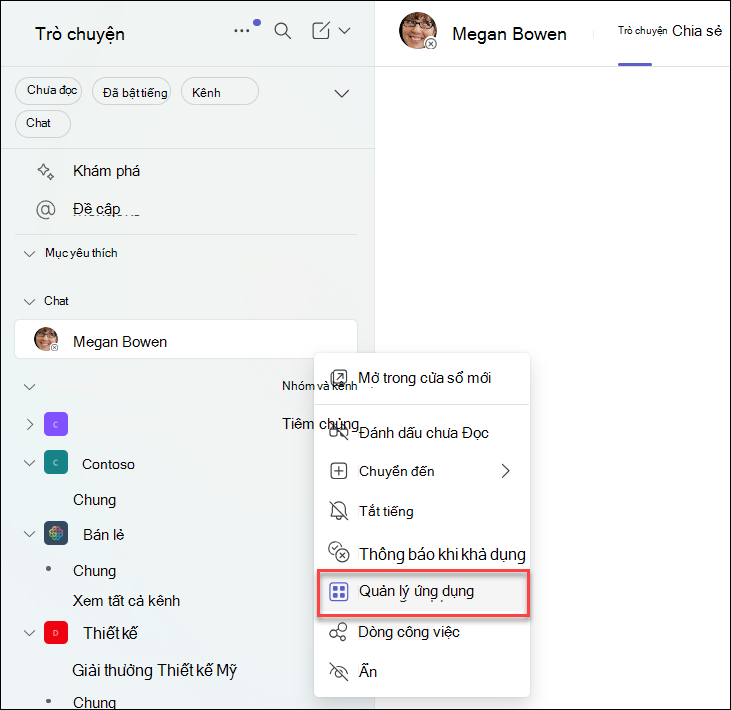 Ảnh chụp màn hình về việc quản lý ứng dụng trong cuộc trò chuyện Teams