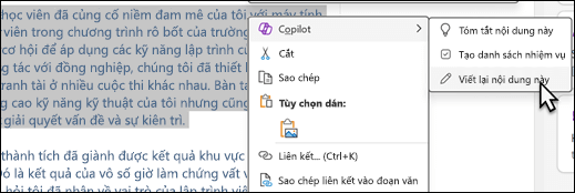 Một số văn bản được chọn trong OneNote. Menu ngữ cảnh được hiển thị, trong đó "Copilot" được chọn và "Viết lại điều này" được chọn trên menu phụ.