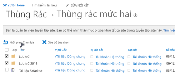 Phục hồi mức 2 trong SharePoint với nút khôi phục được tô sáng