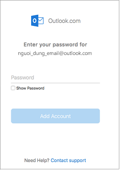 Nhập mật khẩu cho tài khoản outlook.com của bạn