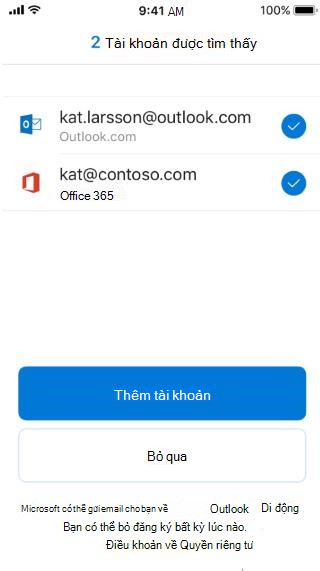 Hiển thị Outlook màn hình có hai địa chỉ email được liệt kê--một là email Outlook và một địa chỉ không có.