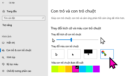 Thay đổi kích cỡ và màu sắc con trỏ trong Windows 10 Cài đặt dụng