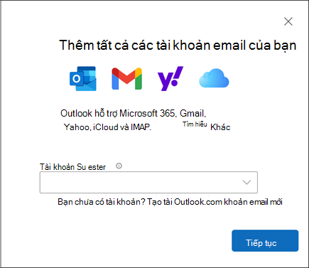 Hộp thoại Thêm tài khoản trong Outlook for Windows mới