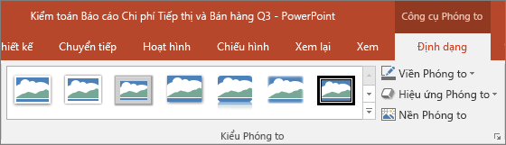 Hiển thị các Kiểu Thu phóng và hiệu ứng khác nhau mà bạn có thể chọn trong tab Định dạng PowerPoint.