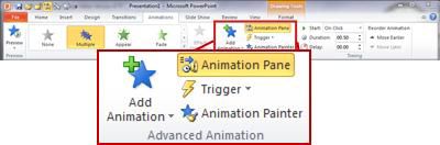 Die Gruppe „Erweiterte Animation“ auf der Registerkarte „Animationen“ im Menüband von PowerPoint 2010.