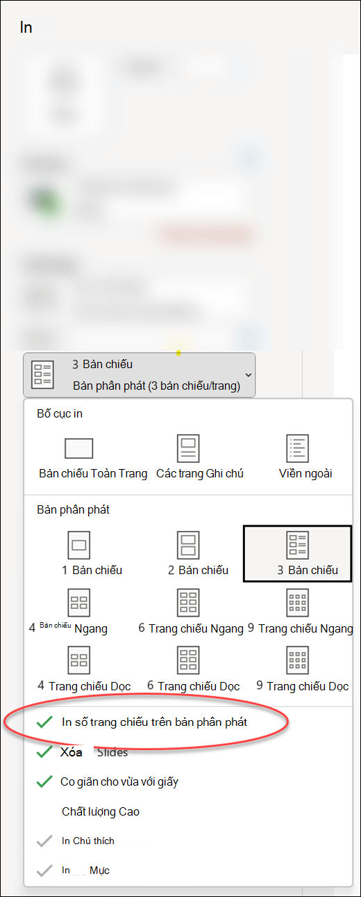 Hộp thoại In trong PowerPoint hiển thị tùy chọn in số trang chiếu trên bản phân phát.