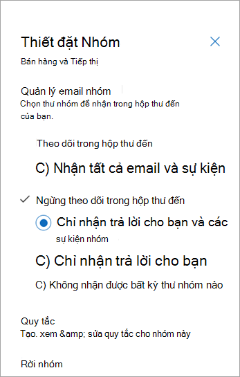 Từ panel cài đặt Nhóm, chọn tùy chọn theo dõi của bạn hoặc chọn rời khỏi