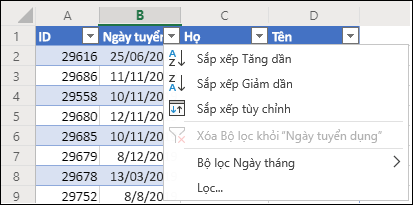 Sử dụng Bộ lọc bảng của Excel để sắp xếp theo thứ tự Tăng dần hoặc Giảm dần