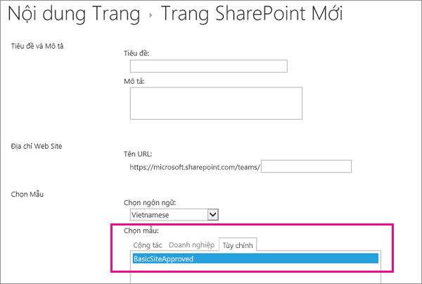 Phần trên cùng của Hộp thoại Tạo Site